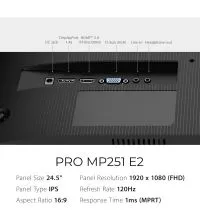 MSI PRO MP251 E2 24.5'' FHD IPS Monitor - 120Hz, HDMI, DP, VGA, ports view
